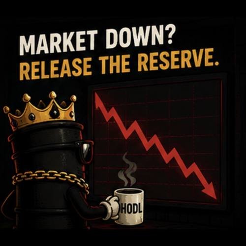 Barrel King holding HODL coffee mug in front of crashing red market chart — Market Down? Release the Reserve.