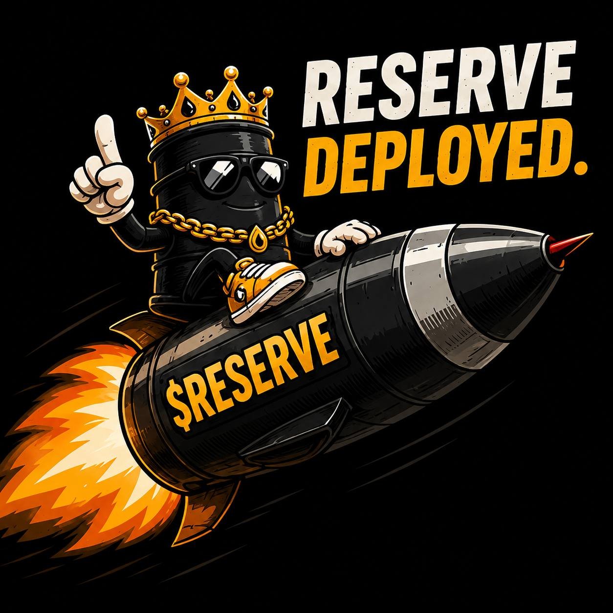 Barrel King riding a $RESERVE rocket missile into the sky — Reserve Deployed